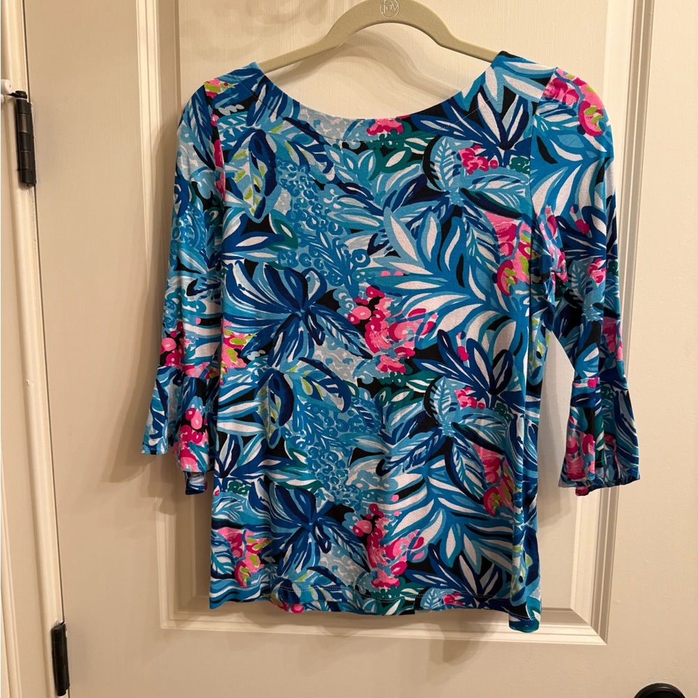 Women’s Blue Tropical Print Boatneck Top